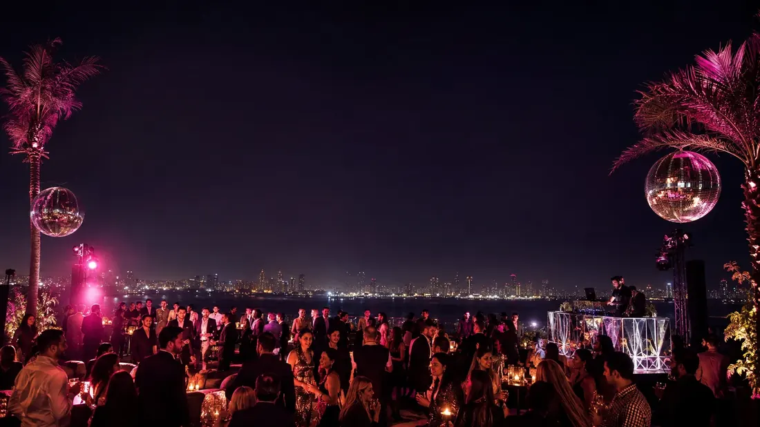 A cinematic Mumbai rooftop party glowing with magenta lights beneath the night sky