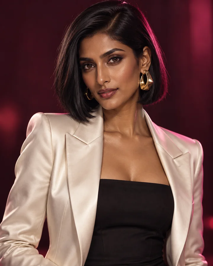 AI-generated illustration of fictional adult Aarya, 28: diamond-shaped face, sleek black bob, ivory blazer and black satin top