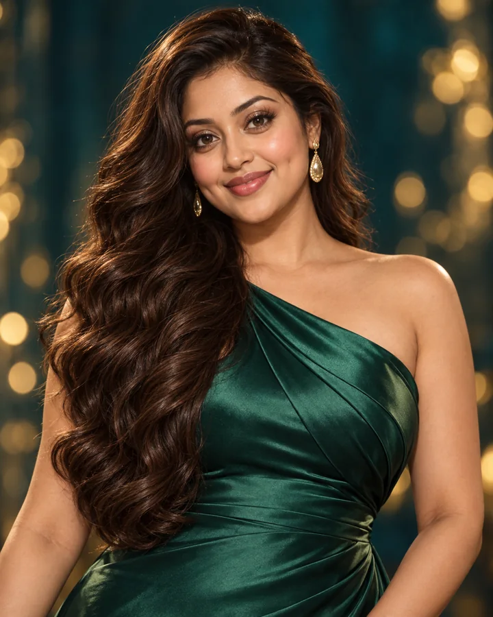 AI-generated illustration of fictional adult Mira, 26: round dimpled face, long chocolate waves and emerald satin dress