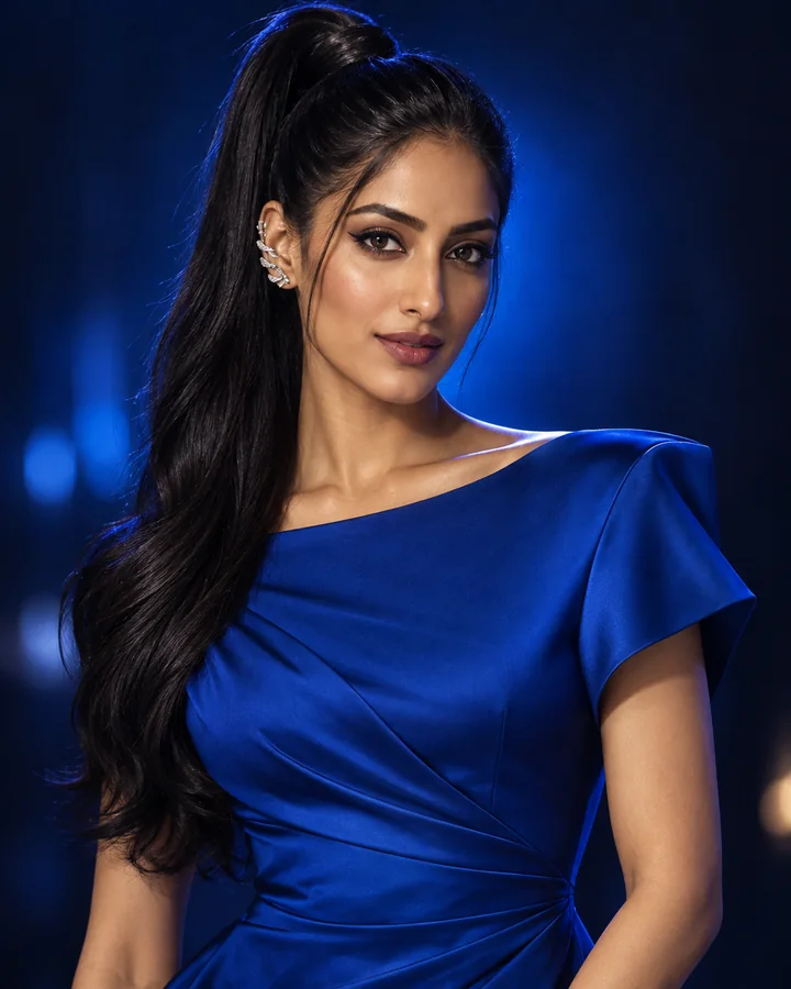 AI-generated illustration of fictional adult Sana, 27: long oval face, high ponytail and cobalt sculpted evening dress